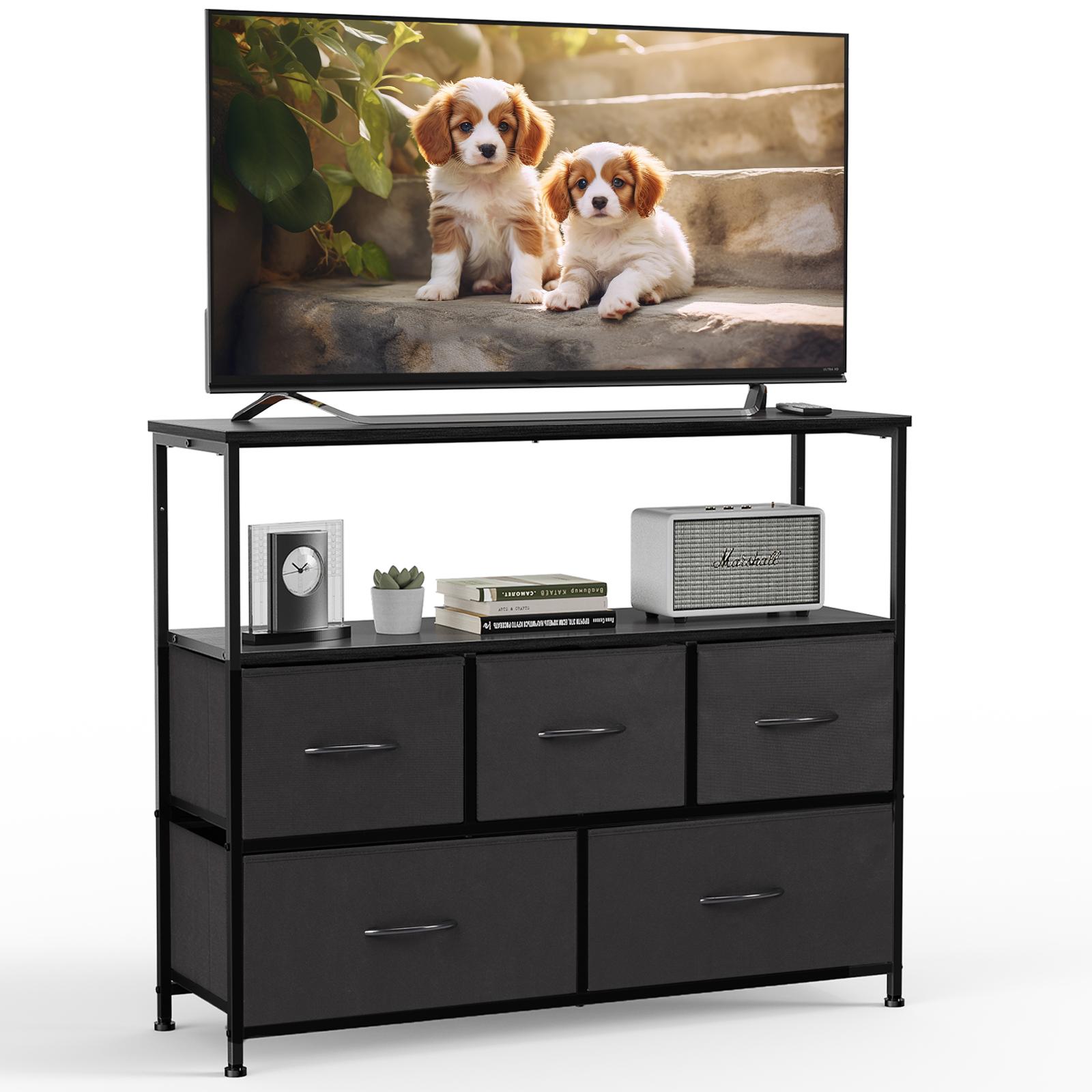 Modern TV Console with 5 Fabric Drawers - TV Bedroom Dresser, Entertainment Center with Open Storage Shelf for Bedroom, Man Cave Indoor Furniture, Tv Floor Stand, Tv Media Stand