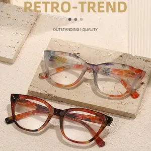 GIGULA Small Frame Cat Eye Reading Glasses for Women, Fashion Gradient Print, with Rice Nail Decoration, Lightweight and Comfortable to Wear, Unisex