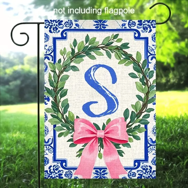 Personalized 12x18 in Linen Garden Flag - Double-Sided Monogram Initials Boxwood Wreath Welcome Sign, Cottagecore Curb Appeal Outdoor Front Porch Decor, Spring Home Gift