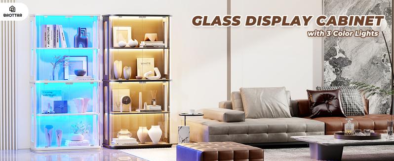 BROTTAR 65" Rounded Display Cabinet with Glass Door, 4-Tier Curio Cabinet with Transparent Full-Display Surface, Glass Display Case with 3 Color Lights for Collectibles, Human Body Sensor, White
