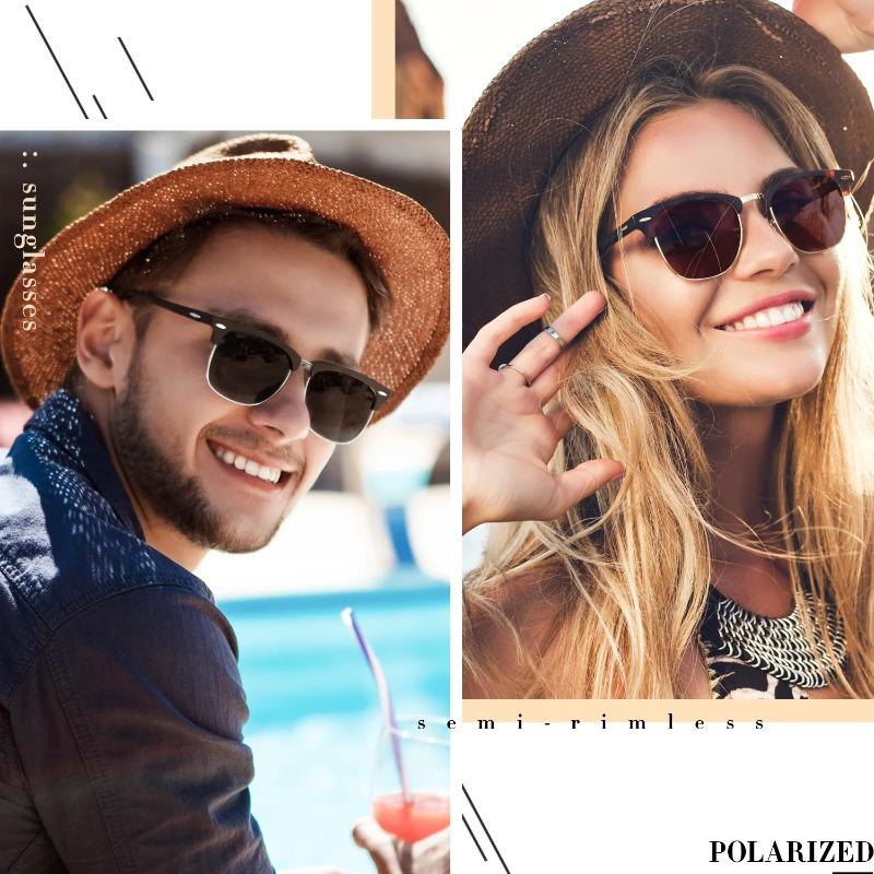 Semi-Rimless Classic Polarized UV400 Black Gold Frame Gradient Gray Sunglasses for Men Women Casual Driving