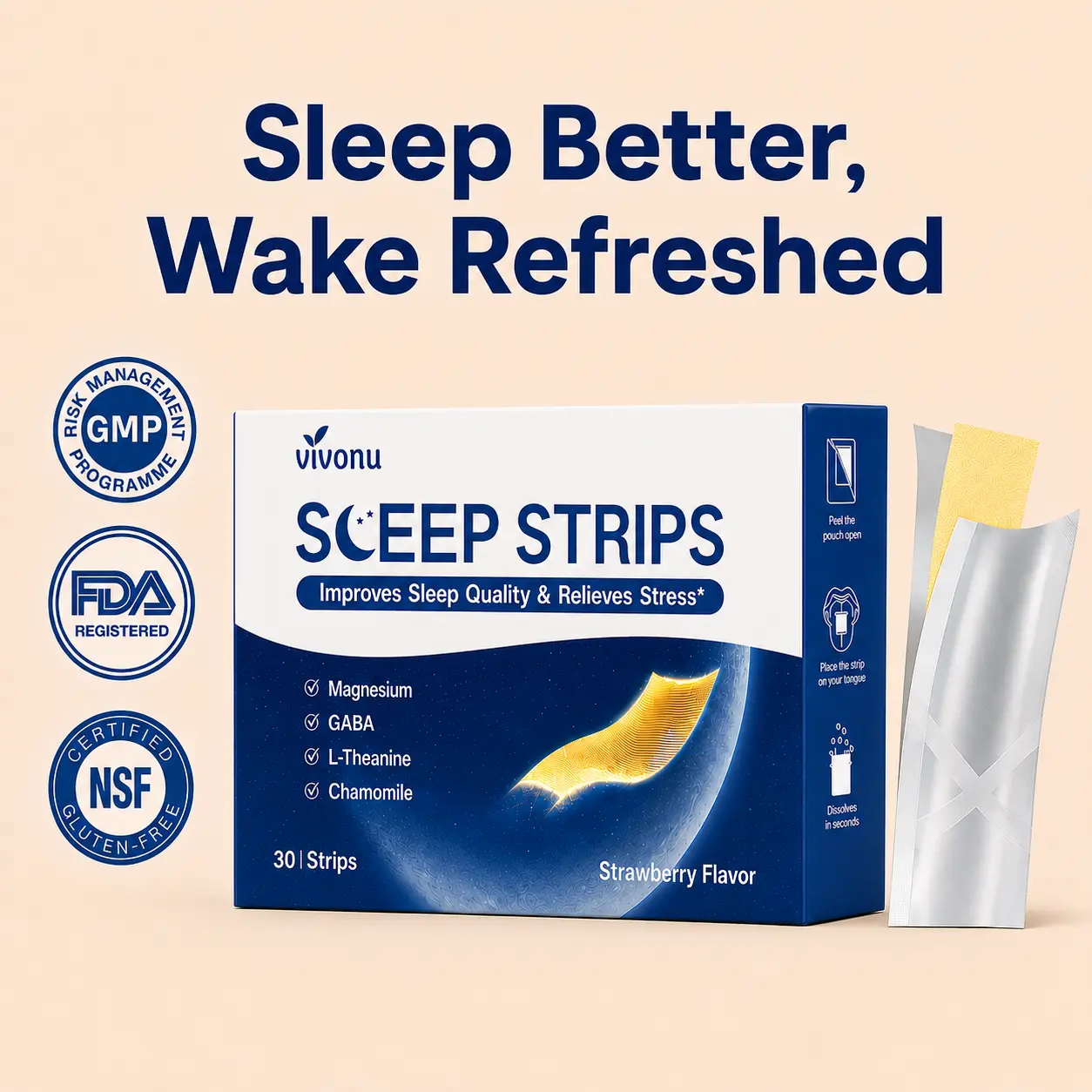 VivoNu Sleep Strips 30 Count Natural Herbal Dissolvable Strips Melatonin-Free Nighttime Relaxation Support