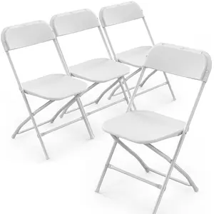 Folding Chairs Set of 4, White Plastic Chair Sturdy Seat with Metal Frame, Perfect for Party, Event, Wedding, Birthday, Office, Outside Entertaining