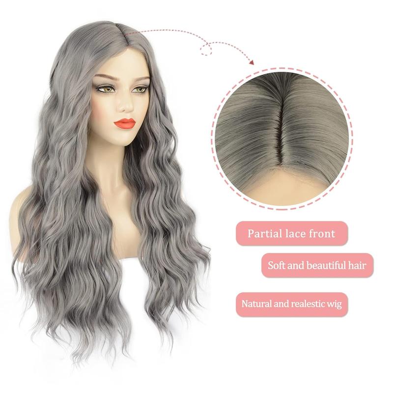 Grey Wig Long Silver Wavy Wigs for Women Middle Part Gray 26 inch Natural Curly Synthetic Wig Heat Resistant Fiber Wigs for Daily Party Use