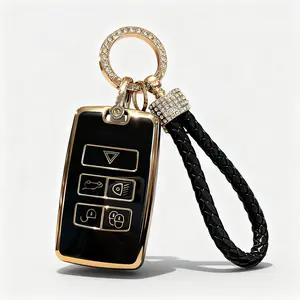 for Land Rover Key Fob Cover with KeyChain Soft TPU Gold Trim Key Case Full Protection Compatible with 2018-2026 Land Rover Range Rover Evoque Sport Vogue Discovery 5 Jaguar E I-PACE (Black White)
