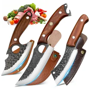 3PCS Professional Kitchen Knife Set with Leather Sheaths, Forged Stainless Steel Chef Knives, Butcher Knife, Carving Knife & Paring Knife with Wood Handle for BBQ, Camping#fathersdaygift