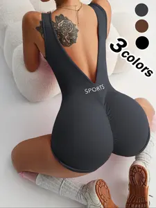 Women's Solid Color Sports Romper, Casual Sporty Sleeveless Romper for Yoga Gym Workout, Ladies Sportswear for Indoor Outdoor Wear, Sports Jumpsuit