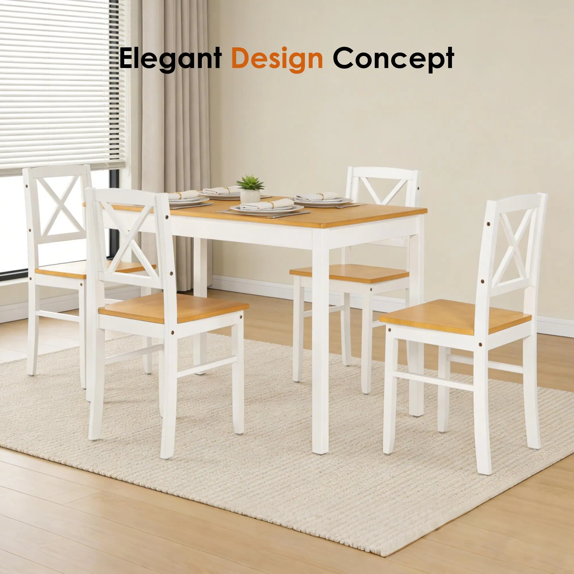 Bellemave 5-Piece Rubberwood Dining Room Set - 4 Chairs, Natural White, 42.5x25.6x28.7in, 72.6lbs, Sturdy Compact Dining Room Furniture, Easy Setup, Easy-Clean Smooth Surface, Low-Maintenance Indoor Furniture with Assembly Guide for Small Apartments, Easy