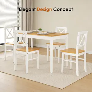 Bellemave 5-Piece Rubberwood Kitchen Dining Table Set with 4 Chairs, Natural White Space-Saving Set with Easy-to-Clean Smooth Solid Wood Surface, Simple Maintenance for Small Spaces, Apartment