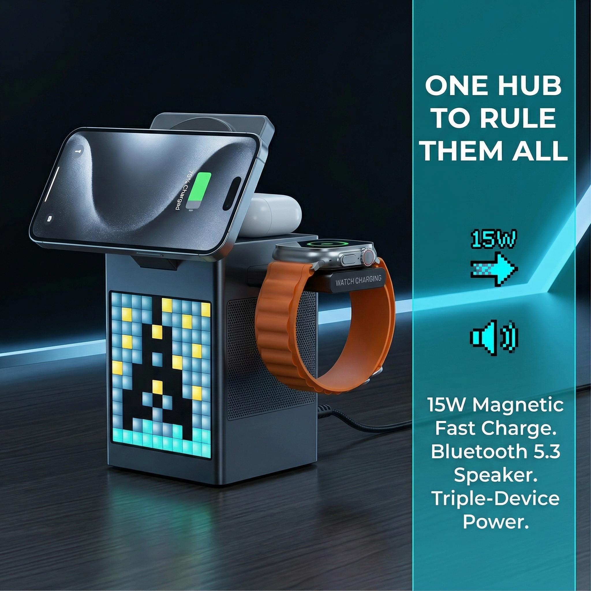 MagSafe-compatible 6-in-1 Charging Station with Bluetooth Speaker, Clock & Pixel Display – Ideal for iPhone, Desk, Travel & Multi-Device Charging | Smart All-in-One Solution for March Madness, Spring Break, World Cup & Easter