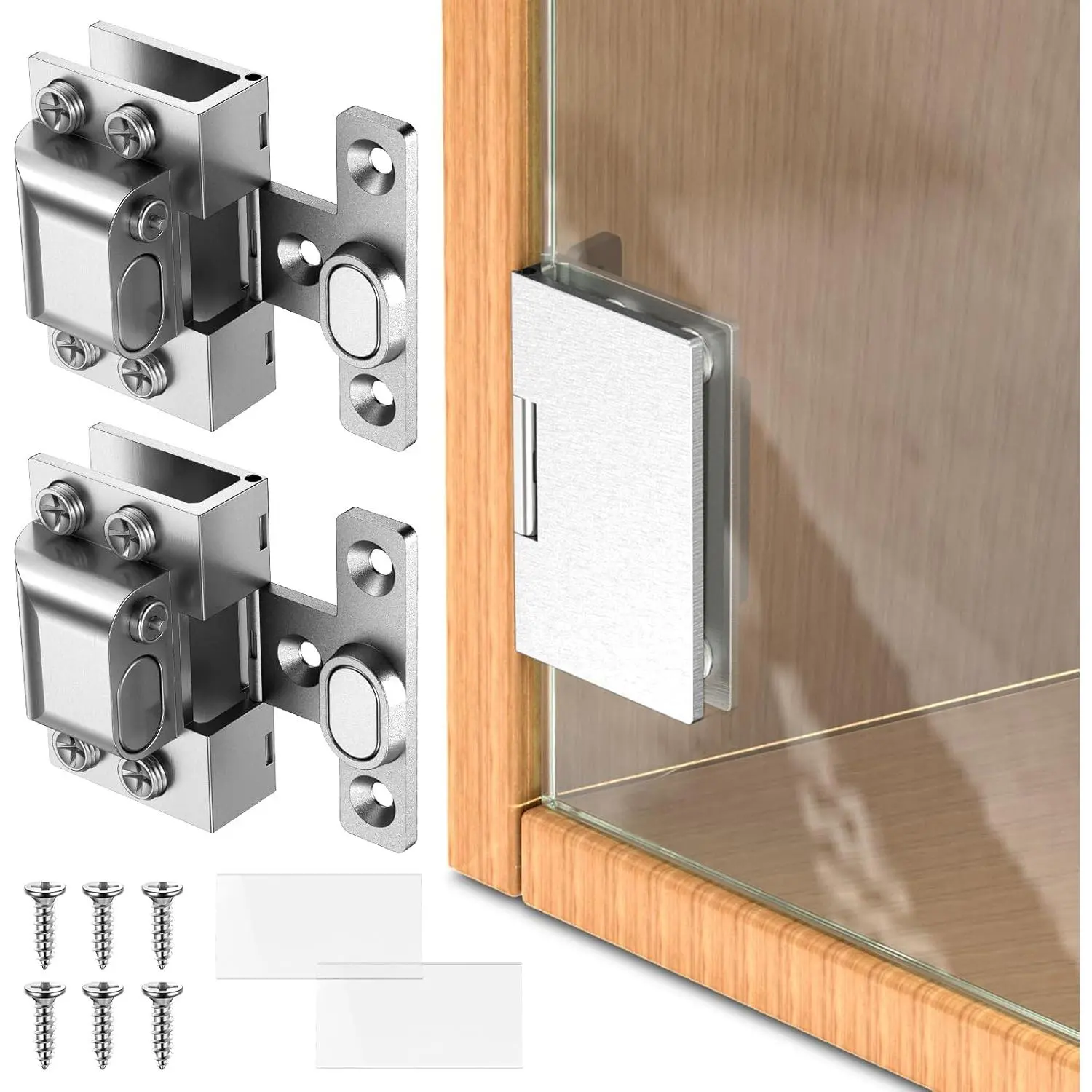 Silver 304 Stainless Steel Glass Door Hinges - 2-Pack, Soft Close, for 5-8mm Thickness Cabinet Doors