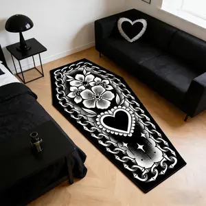 Gothic Coffin Shaped Rug, Vintage Chain Heart Flower Mat, Carpet, Birthday Gift, Dark Gothic Home Decor, Living Room Bedroom