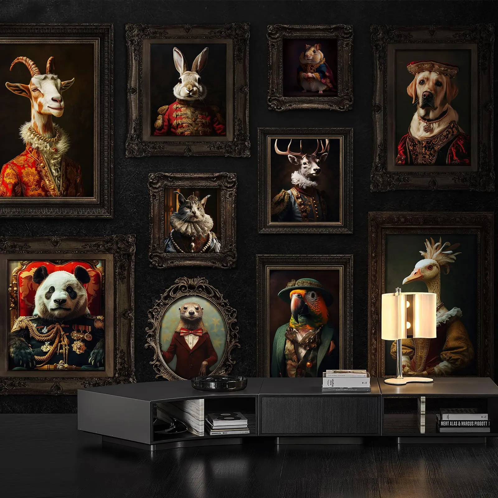 Vintage Animal Portrait Gallery Wall Mural Peel and Stick Dark Baroque Frame Wallpaper 5-Panel 375×280cm (148×110 in) Grey Glue Canvas