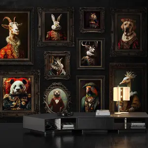 Vintage Animal Portrait Gallery Wall Mural Peel and Stick Dark Baroque Frame Wallpaper 5-Panel 375×280cm (148×110 in) Grey Glue Canvas