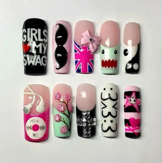 2010s Nostalgia Scene Kid Press On Nails Long Square Fake Nails with Mustache UK Flag MP3 Player Shark Yin Yang Y2K Emo Swag Tumblr Aesthetic Full Cover False Nails Quirky Reusable Acrylic Manicure Kit for Women Cosplay Party