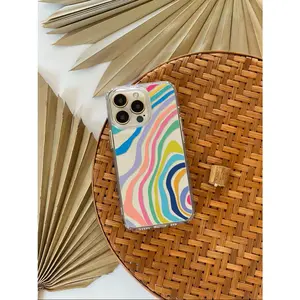 Colorful abstract line clear phone case with an aesthetic vintage design, compatible with iPhone 17 Pro Max, 16, 15, 14, 13, 12, 11, X, XS, XS Max, XR, 7P, 8P, 17E, suitable as a Christmas, Halloween, or Valentine's Day gift