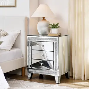 Silver Mirror Three Drawer Bedside Table Multifunctional Storage Cabinet The smooth and shiny mirror surface can make your living room or bedroom look brighter and more spacious