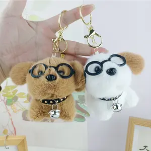Cute Dog Plush Keychain, Fluffy Puppy Keyring with Glasses & Bell, Bag Charm for Women