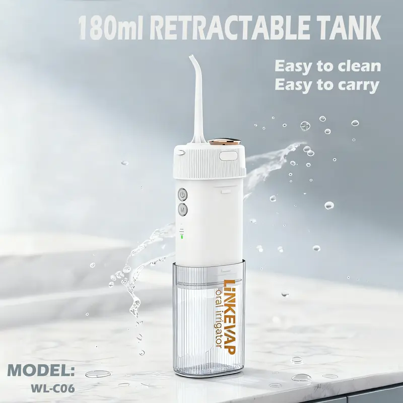 LINKEVAP Cordless Rechargeable Handheld Water Flosser - Oral Care Teeth Cleaner with Rechargeable Battery, 1-Hand Grip, 3 Clean Modes, Leakproof Drain, Collapsible Design, 25-Day Battery Life, Waterproof for Home & Travel, Braces-Friendly | Back to School