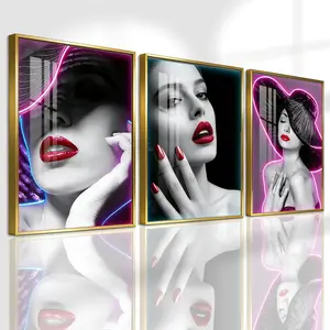 3 Counts Aluminum Alloy Framed Painting, Neon Beauty Portrait Art With Red Lips And Nails, Home Decoration For Living Room, Bedroom, Office, Restaurant, Hallway Wall Decor, Odorless Print Artwork, Luxury Perfect Gift For Friends And Family