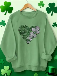 Fall Winter Women's Crewneck Sweatshirt with Sparkling Heart Shamrock Geometric Design, Fitted Casual Style for Saint Patrick's Day, Womenswear
