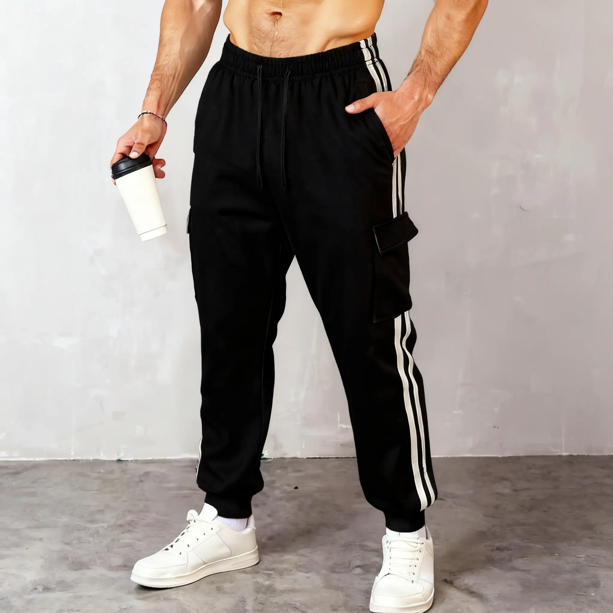 Men's cargo sweatpants with side stripes and drawstring, casual sporty style, white stripes on the sides add a fashionable and dynamic look. Multiple three dimensional pockets convenient for storing items like phones and keys, highly practical and showcas