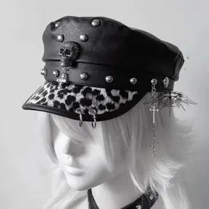Fashion PU Leather Women Beret Punk Style Vintage Flat Top Military Caps  Outdoor Casual Army Cap