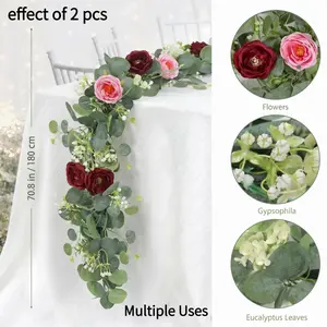 2 Pack 13FT Artificial Pink Rose and Eucalyptus Wreath – Perfect for Romantic Weddings, Home Decor, Table Centerpieces, and Backdrop Decorations