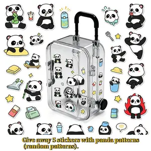 6Pcs Cute Panda Sticker Decor Mini Super Small Trolley Storage Box, Movable Retractable Wheels, Transparent Cute Jewelry Storage Case, Dual-purpose for Storage & Decoration