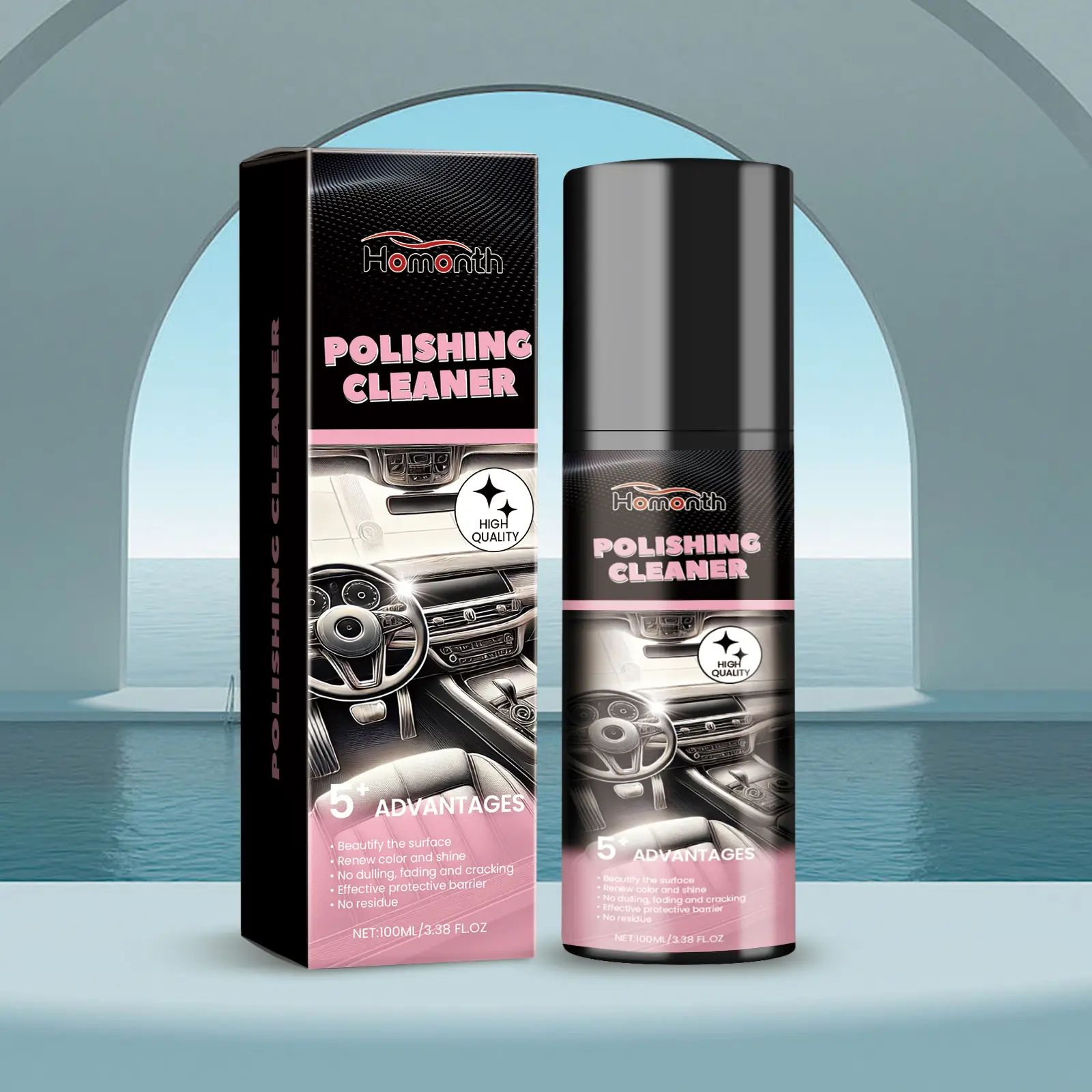 Homonth Polishing Cleaner Car Polish & Interior Detailing Spray 100ml - Deep Clean Restore Vinyl Leather Plastic Dashboard Quick Gloss Enhancement Stain Removal UV Protection care agent