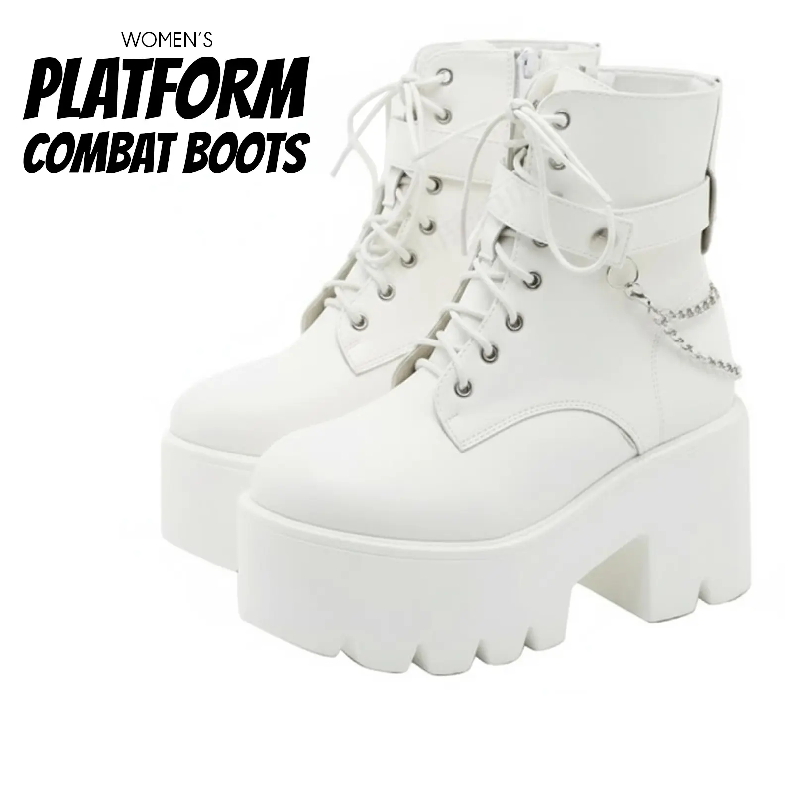 Womens Platform Ankle Boots Round Toe Chunky Wedge Heel Rave Goth Lace Up Zipper Booties Punk Metal Chain Shoes for Festival Concert Cosplay Spring Summer Party Combat Boot