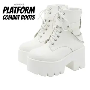 Womens Platform Ankle Boots Round Toe Chunky Wedge Heel Rave Goth Lace Up Zipper Booties Punk Metal Chain Shoes for Festival Concert Cosplay Spring Summer Party Combat Boot