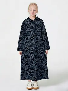 Muslim Girls' Long Robe Hooded Geometric Pattern, Casual Loose-Fitting Abaya for Daily Prayer, All Seasons Wear