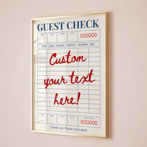 Custom Guest Check Print, Retro Wall art, Kitchen Wall Decor, Custom Guest Check Wall Art Prints, Aesthetic Bar Cart Decor Poster