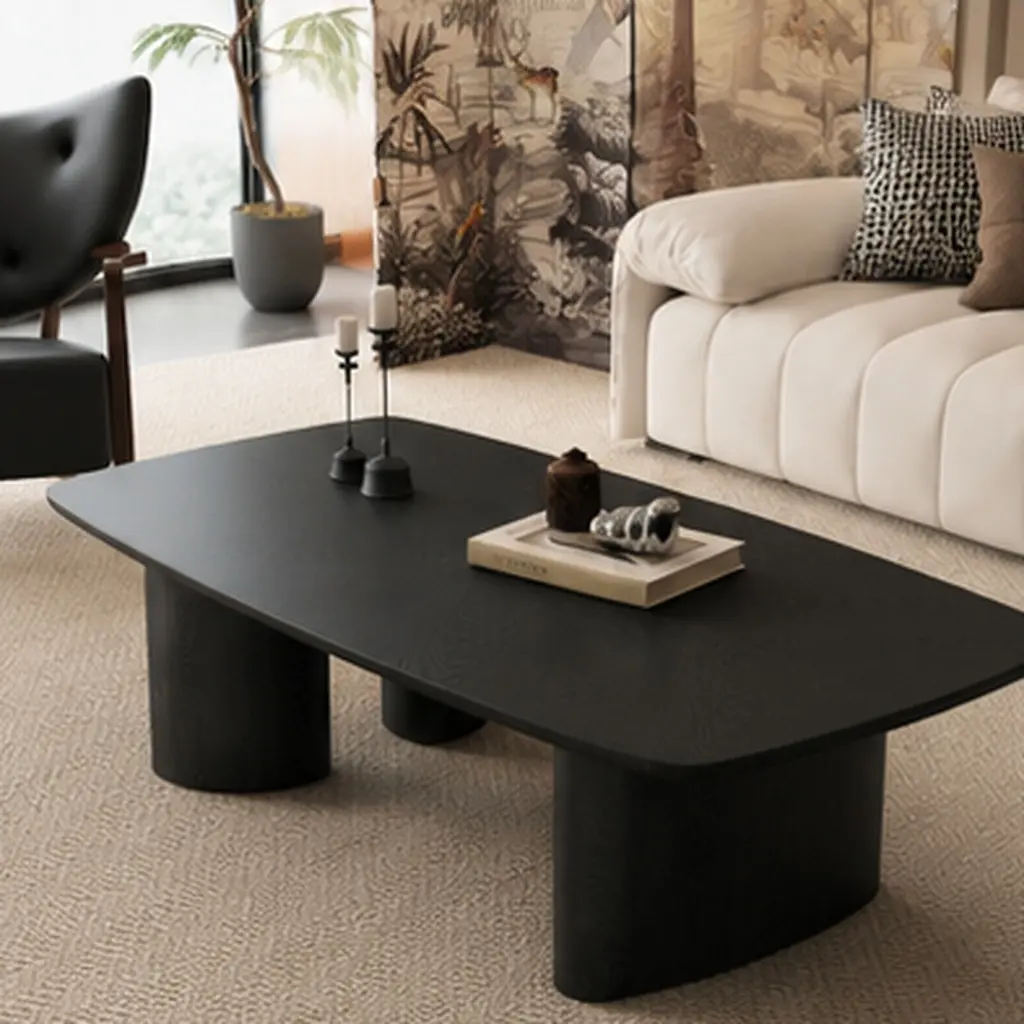 51.2" Black MDF Coffee Table with Ash Veneer Finish for Living Room, Farmhouse Rustic Style, Low Profile 15.6"H, Spacious Tabletop, Sturdy Plywood Legs, Easy Assembly, Coffee & End Tables, Black Color Options, MDF/Plywood Material