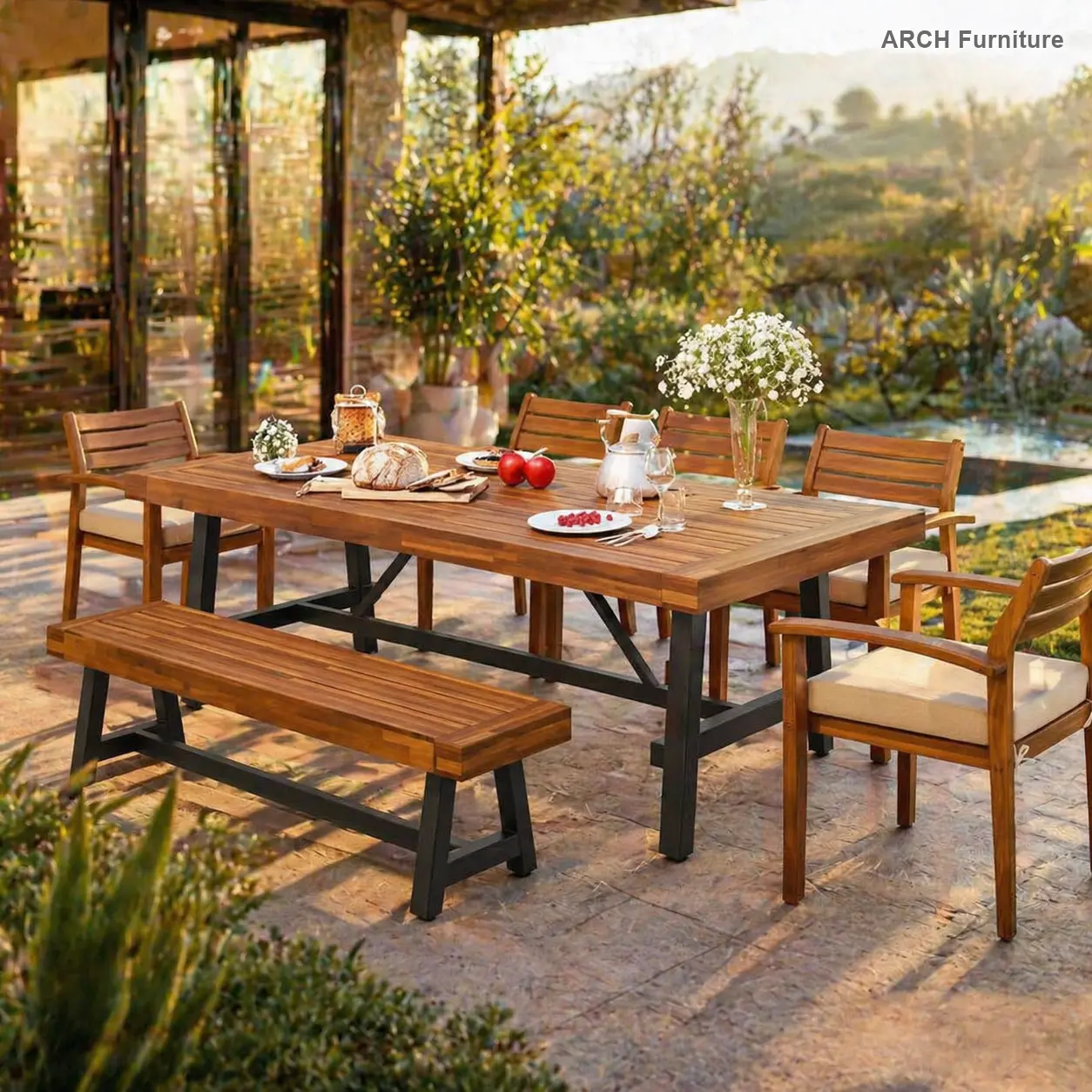 ARCH GO 7-8 Person Outdoor Wood Dining Set - Outdoor Furniture Set, Porch Furniture with Removable Cushions, Ergonomic Chairs, Bench, Thick Natural Finish Table, Porch Furniture Set