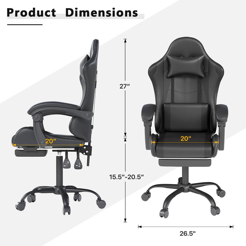 Gaming Chair with Headrest and Lumbar Support, Ergonomic High Back Office Chair, Racing Style Executive Computer Desk Chair, Leather Adjustable Swivel Task Chair for Home Office (Black)