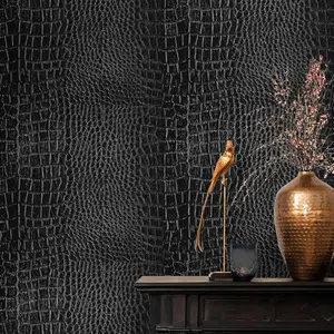 Black Wallpaper Peel and Stick Crocodile Wallpaper Embossed 15.7inch X 118.1inch Black Contact Paper Self Adhesive Removable Contact Paper for Cabinets Bedroom Bathroom Textured Decor