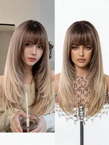 24" Blonde Layered Wig with Curtain Bangs, Fluffy Synthetic Hair for Women, Synthetic Material Wigs, Natural Straight Style, Full Machine Made, Perfect for Daily Glam, Party Looks & Date Nights, Ideal Gift for Her