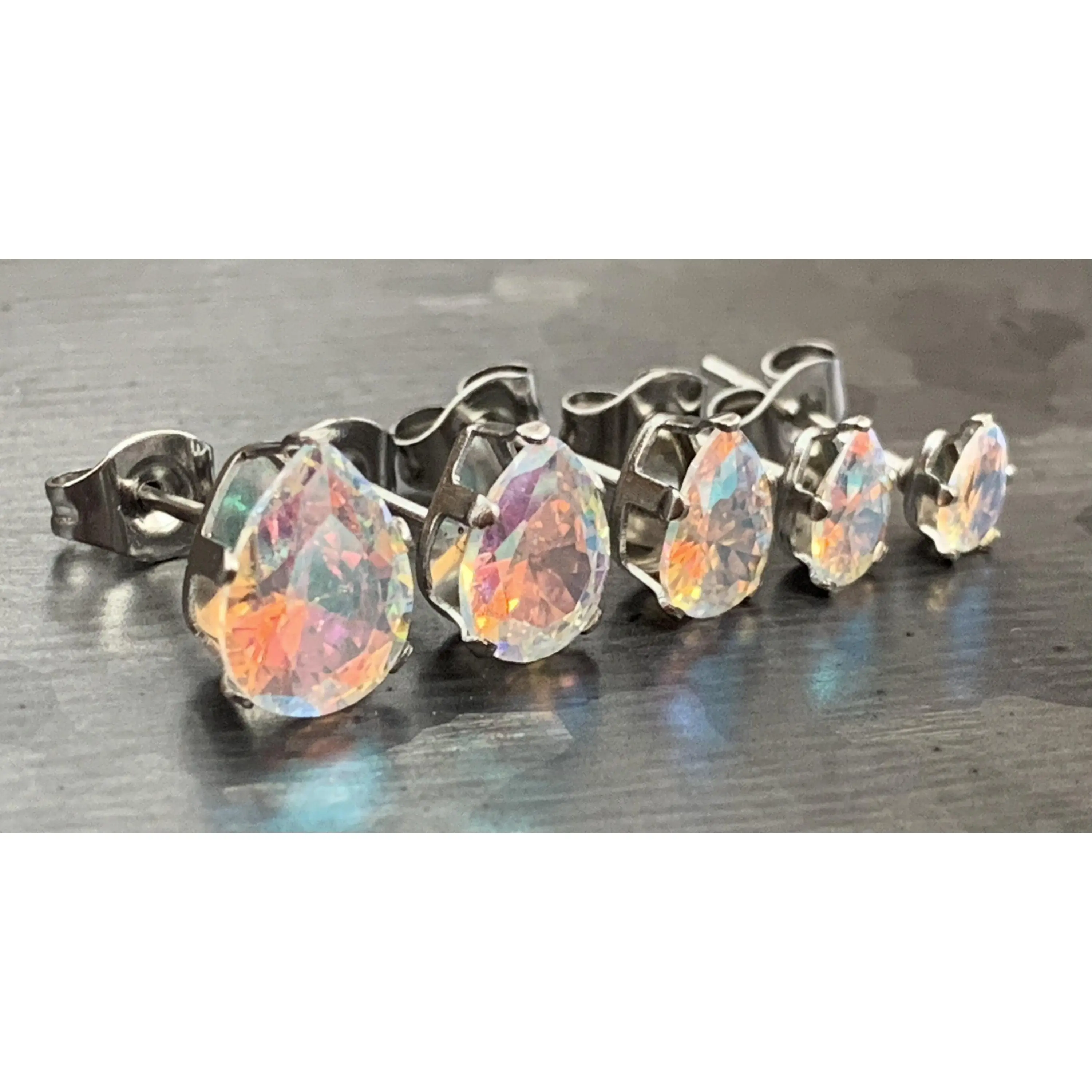 PAIR of Dazzling Hypoallergenic Aurora Borealis CZ Gem Teardrop Stud Earrings!