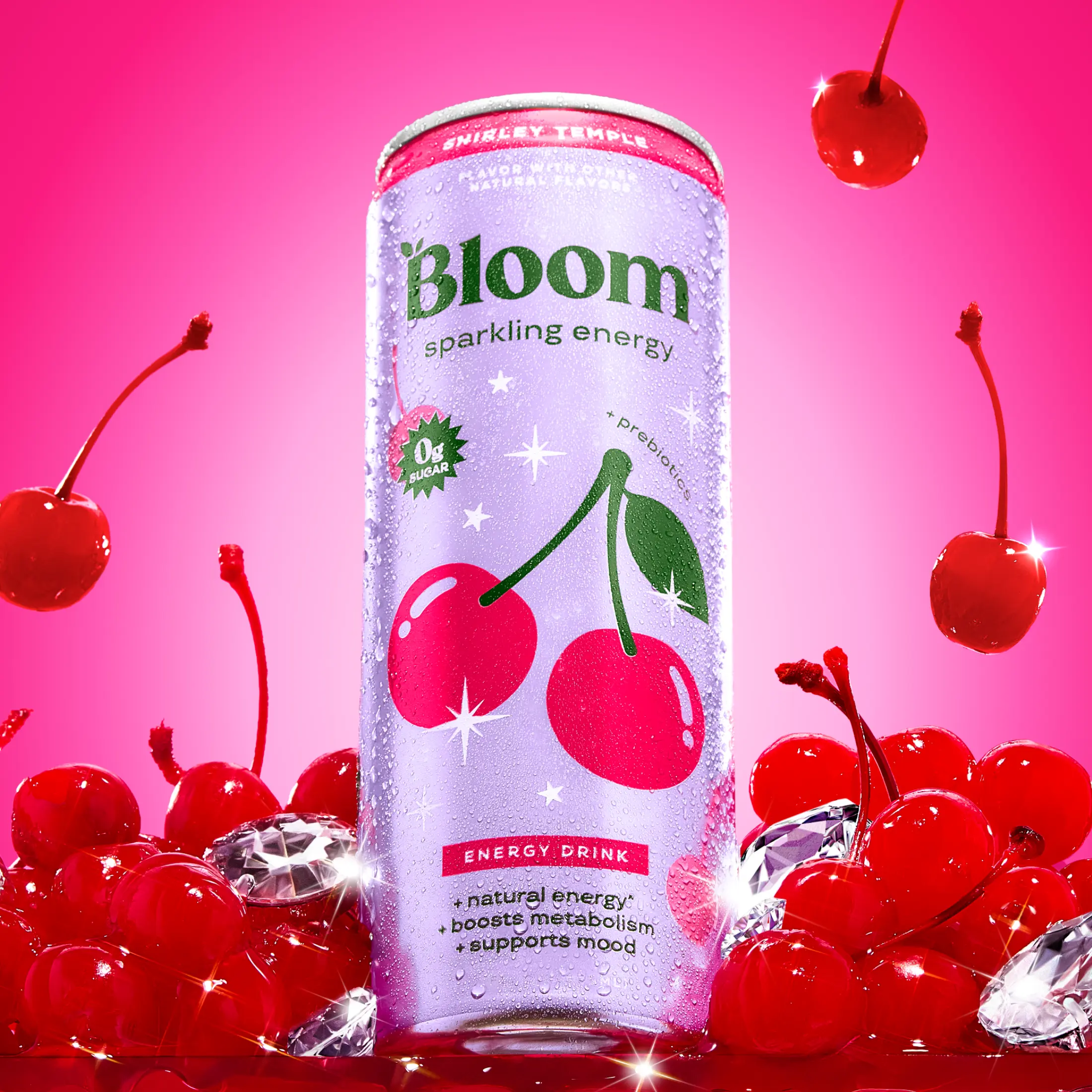 Shirley Temple - Bloom Sparkling Energy Drink - Natural Caffeine, Zero Sugar, 180mg Caffeine - Antioxidant-Rich with Green Coffee Bean, Green Tea Extract, Prebiotics, 12oz 12 Pack