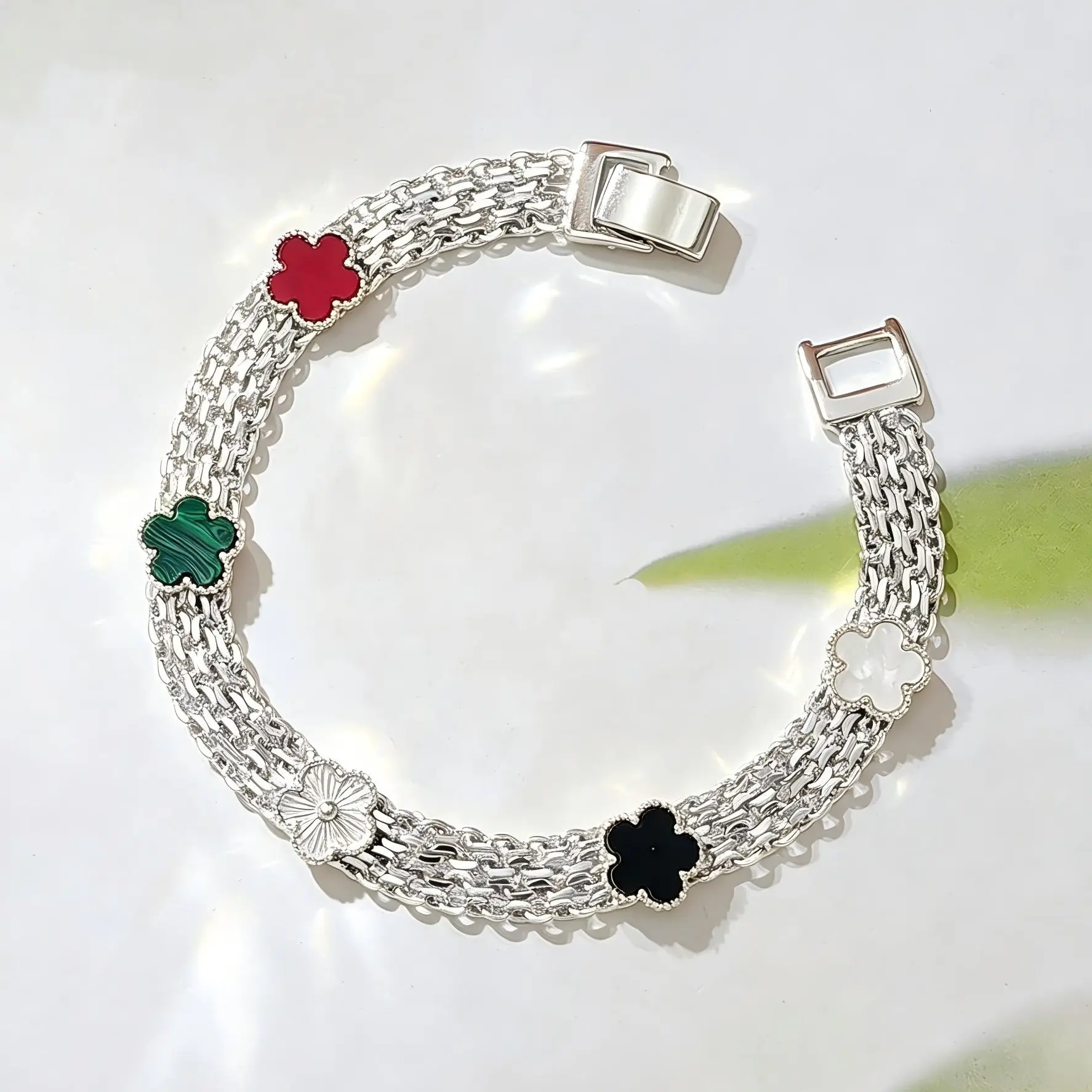 Silver Plated Woven Chain Four Leaf Clover Bracelet For Women, Lucky Clover Wide Bangle Elegant Fashion Jewelry Gift