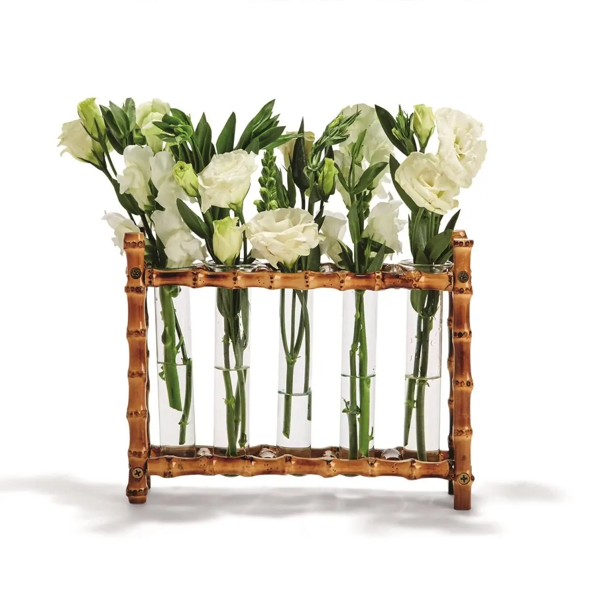 212 MAIN Natural Bamboo Decorative Vase - Home Decor Accessory, Textured Details, Natural Look, 2 lbs, 9 1/4" W x 2" D x 7 1/4" H, Includes 5 Glass Flower Vial Tubes, Table Decor Supply