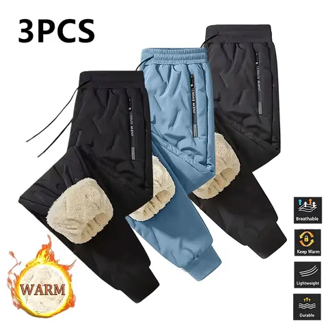 Men's 3-Pack Regular Fit Polyester Fleece-Lined Winter Sports Pants - Thick, Zippered, Sport Casual, Standard Sizes, Ideal for Outdoor Activities, Holiday Gifts; Men's Sweatpants, Active Pants