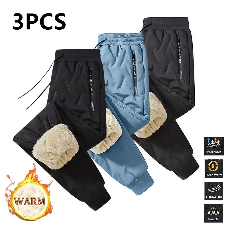 Men's 3-Pack Regular Fit Polyester Fleece-Lined Winter Sports Pants - Thick, Zippered, Sport Casual, Standard Sizes, Ideal for Outdoor Activities, Holiday Gifts; Men's Sweatpants, Active Pants