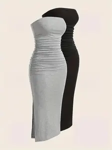 Women's Plain Ruched Split Hem Bodycon Tube Dress, Bandeau Dress for Daily Outdoor Wear, Sun Dresses, Dresses for Women