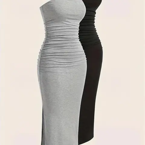 【Black Friday】Women's Plain Ruched Split-Hem Knitted Bodycon Strapless Sleeveless Tube Dress, Casual Bandeau Dress for Daily Outdoor Wear, Sundresses, Summer Women's Dresses, Casual Dress Style
