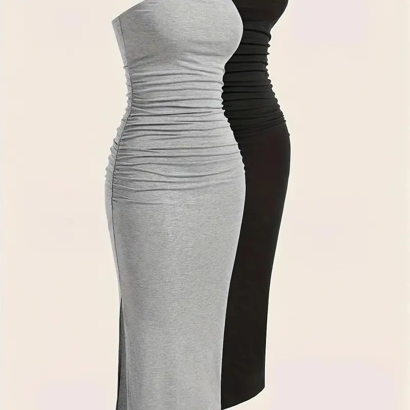 【Black Friday】Women's Plain Ruched Split-Hem Knitted Bodycon Strapless Sleeveless Tube Dress, Casual Bandeau Dress for Daily Outdoor Wear, Sundresses, Summer Women's Dresses, Casual Dress Style