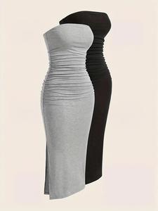 women's plain ruched split hem bodycon tube dress, soft fabric casual fashion sleeveless strapless bandeau dress for daily outdoor wear, women's clothing, sun dresses, dresses for women, summer dresses, womenswear