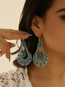 Luxurious Turquoise Textured Drop Earrings, Boho Vintage Waterdrop Shape, Fan Design, Perfect for Weddings and Festivals